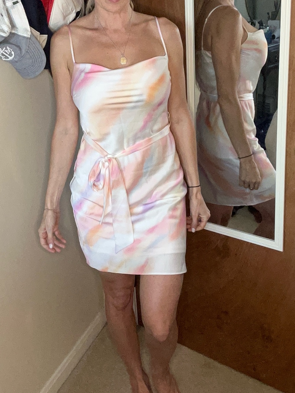 Express Satin Mini Slip Dress with Waist Sash - Pink, Peach & Lavender